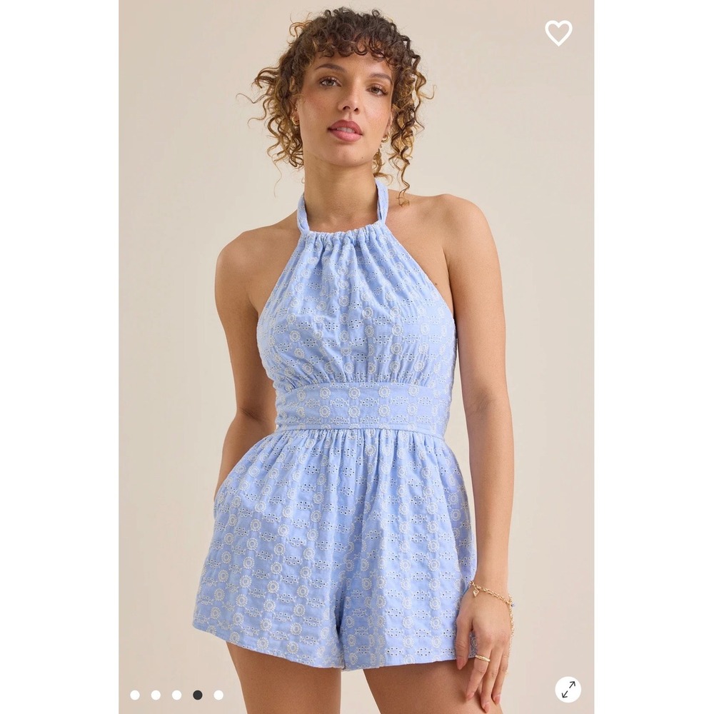Altar'd State Light Blue Floral Eyelet Halter Romper Open Back Size Large